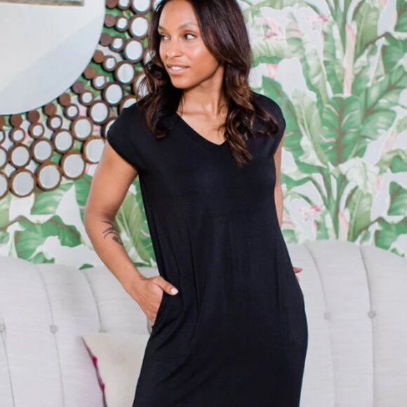 Yala Sloane V-Neck Cap Sleeve Bamboo Maxi Dress with Pockets Black - Picture 1 of 6